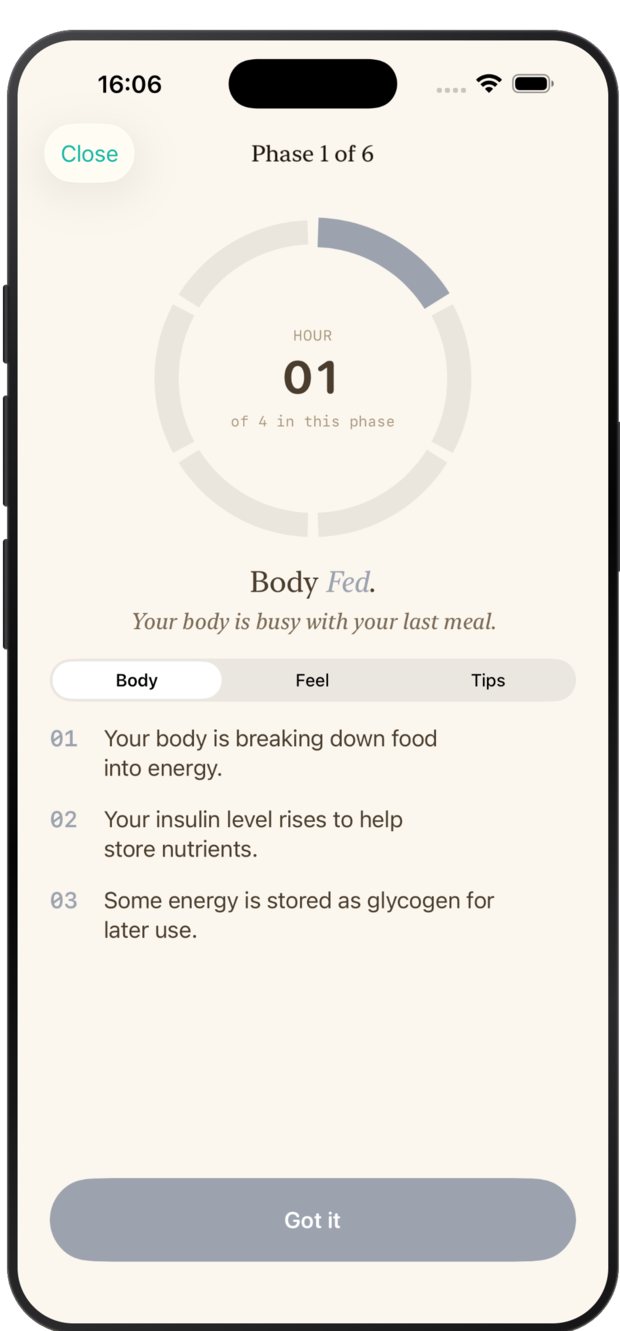 EasyFasting showing the current fasting phase and what the body is doing