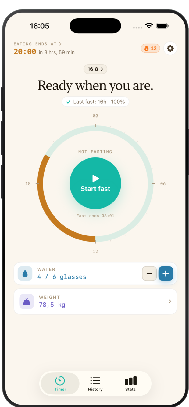 EasyFasting app showing the one-tap fasting timer with the current phase